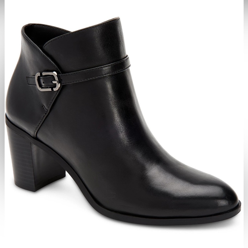 Alfani | Step ’N Flex Nadenne Black Leather Ankle Booties Block Heel Shoes | 8.5